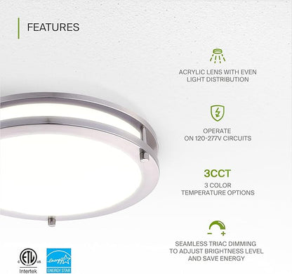 ASD LED 14" Round Flush Mount Lighting, Close to Ceiling Light Fixture | 3CCT, Dimmable, Energy Star, ETL Listed | 21W 1725LM 3000-5000K 100-277V | Low Profile Double Ring Lamp | Nickel, 4 Pack