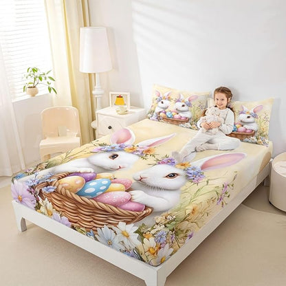 Happy Easter Fitted Sheet Queen Size Cute Rabbits Eggs Floral Bedding Set for Kids Bedroom Flower Rustic Animal Bed Sheet Set 3pcs Yellow Colorful Deep Pocket Mattress Cover,No Top Flat