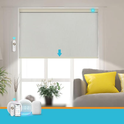 Motorized Blinds with Remote, Smart Blind Roller Shades Compatible with Alexa, Durable Rechargeable Battery Solar Power Electric Window Blinds Motorized Shades Customized Size (Pure Beige)