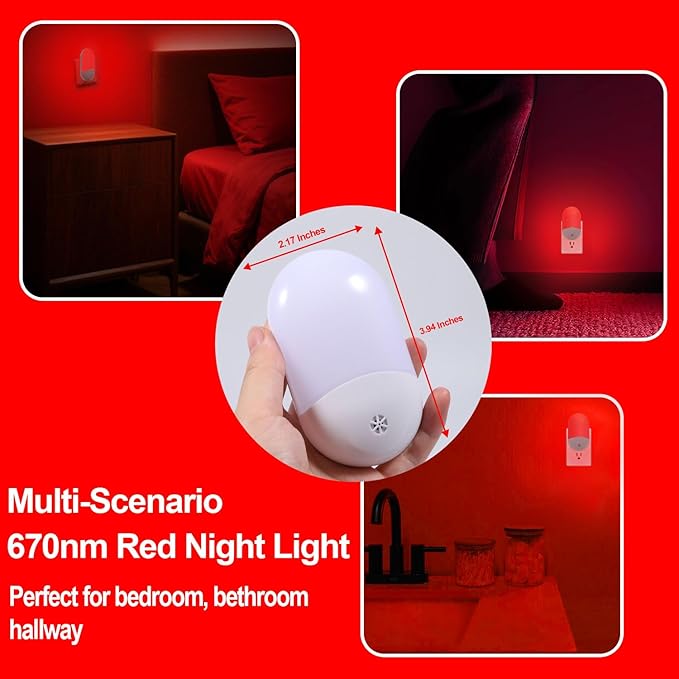 670nm Red Light Night Light for Sleep Therapy[4 Pack] - Zero Blue Light, with Dusk to Dawn Sensor Auto On/Off LED Night Light Plug into Wall for Nursery Bedroom Bathroom