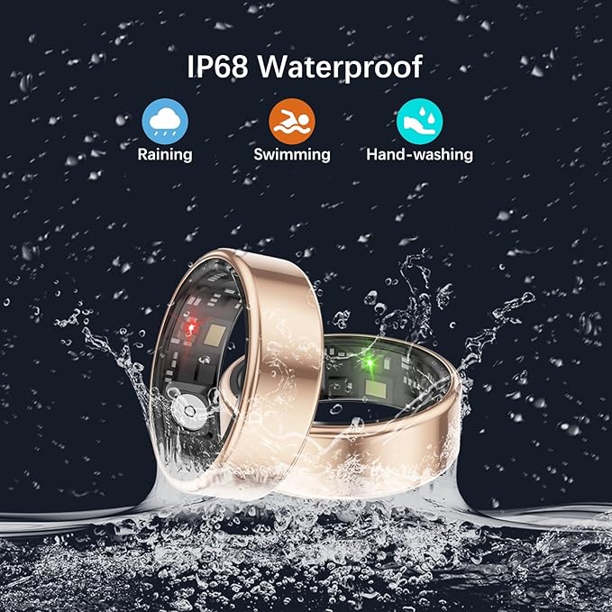 Smart Rings for Women Men, Fitness Ring with Heart Rate, Blood Oxygen, HRV, Pressure, Sleep Tracker, Step Tracker, No Subscription Fee, IP68 Waterproof Smart Ring for iPhone & Android (Gold, 14#)