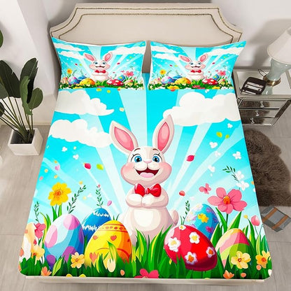 Happy Easter Bed Sheet Queen Size Funny Rabbit Easter Egg Bedding Set Spring Flowers Cute Animal Fitted Sheet Kids Boys Girls Room Decor Blue Colorful Soft Sheets with 2 Pillowcase,No Top Flat