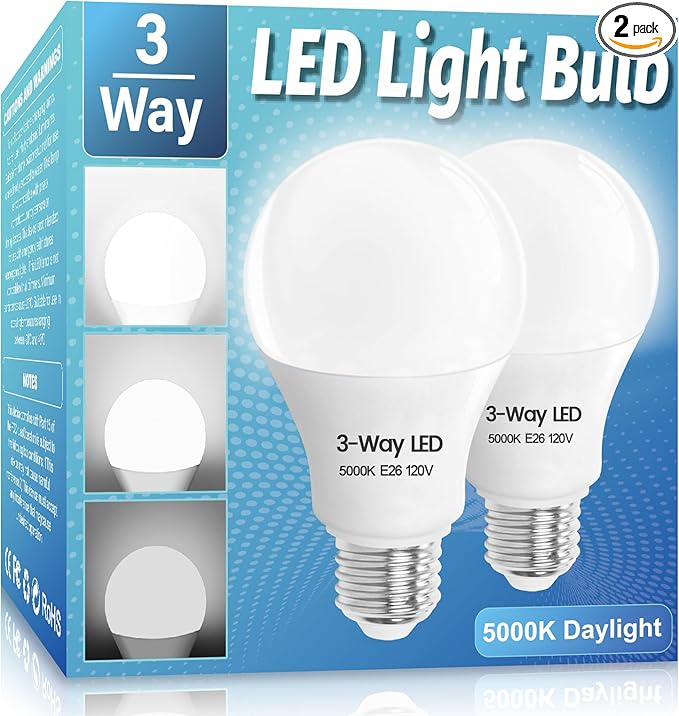 3 Way LED Light Bulbs 2 Pack, 3 Way Light Bulbs 30 70 100 Daylight White 5000K,E26 Medium Base A19 Three Way Light Bulb, Indoor 3way Bulb for Reading