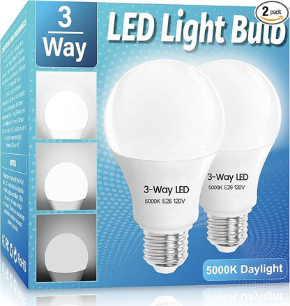 3 Way LED Light Bulbs 2 Pack, 3 Way Light Bulbs 30 70 100 Daylight White 5000K,E26 Medium Base A19 Three Way Light Bulb, Indoor 3way Bulb for Reading