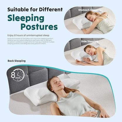 DUMOS Cervical Neck Pillow for Sleeping, Cooling Ergonomic Memory Foam Pillow with Arm Rest Slot and Ice Silk Pillowcase, Dual Height Orthopedic Support Contour for Side, Back, Stomach Sleepers