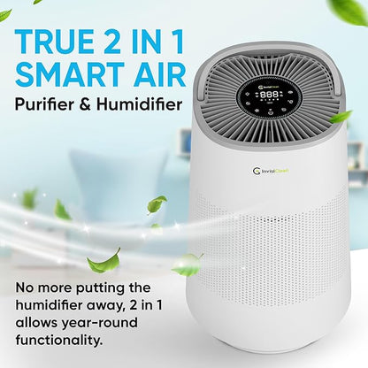Air Purifier and Humidifier Combo All in One for Bedroom - Quiet 2 in 1 Smart Air Humidifier and Purifier for Home - Use Year-round for up to 1100 sq ft - InvisiClean AquaNova