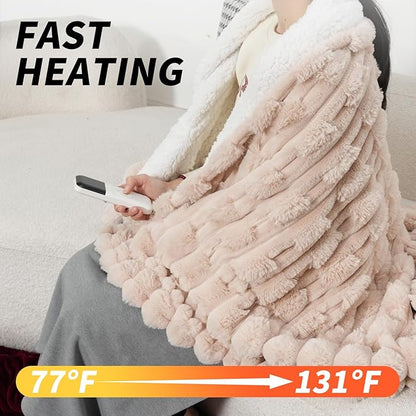 Heated Electric Blanket Throw Size Faux Fur & Sherpa 50" x 60" Soft Heating Blanket with 6 Heating Levels & 1-8 Hours Auto Off, Beige