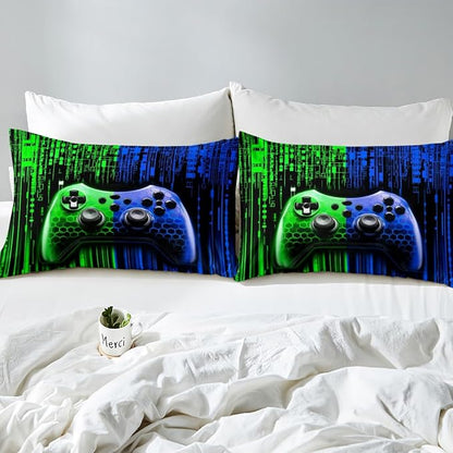Gamepad Kids Sheet Full Size,Modern Videogame Gaming Controller Bedding Set,Boys Girls Room Decor,Geometric Honeycomb Hexagon Blue Green Fashion Bed Sheet Set 4pcs(Fitted + Flat + 2 Pillowcases)