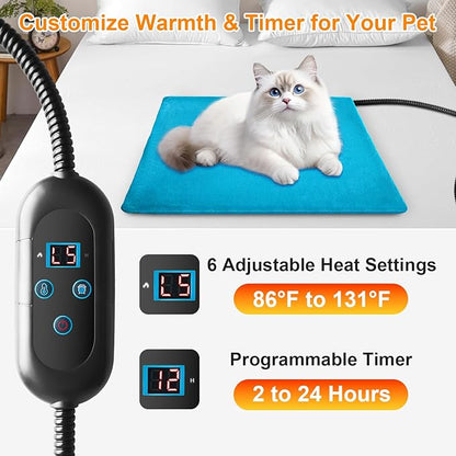Pet Heating Pad with 6 Adjustable Temperature Settings, Heated Cat Mat with Built-In Smart Thermostat, Chew-Resistant Cord, Removable & Washable Plush Cover, Waterproof Material, 27.5 x 15.7 Inches
