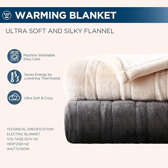Westinghouse Electric Blanket King, Heated Blanket King Size with 10 Heating Levels and 1 to 12 Hours Heating Time Settings, Flannel to Sherpa Reversible, Machine Washable (90" x 100", Navy)