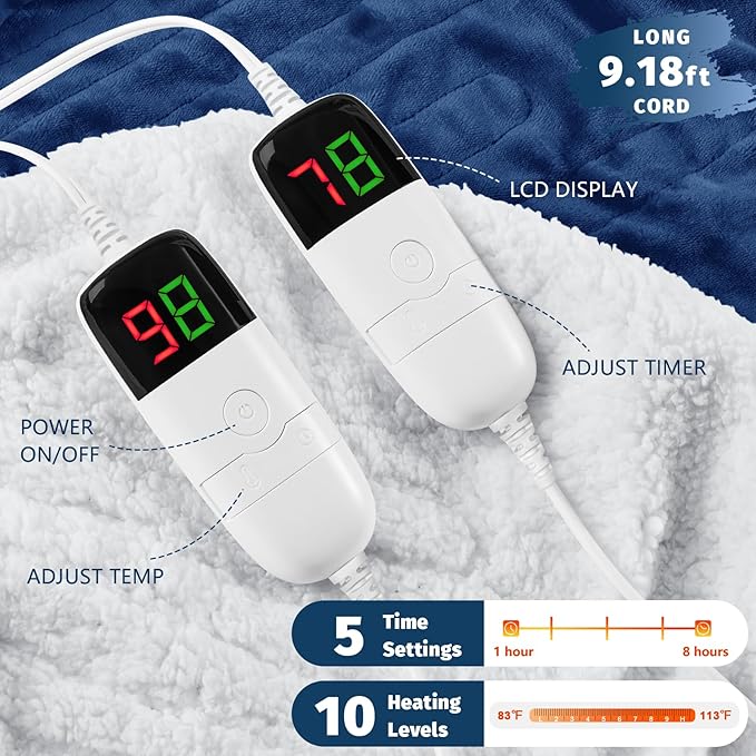 Heated Electric Blanket King Size - 90" x 100" Heating Blanket with Dual Control, 10 Heating Levels & 8 Hours Auto Off, Soft Warm Flannel Blanket, Christmas Birthday Gifts for Senior Grandma