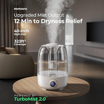 Homvana Humidifiers for Bedroom Diffusers - Top Fill 4L Cool Mist Humidifier Large Room, 40H Runtime Diffusers for Home, Air Humidifier for Plants, Baby Nursery, Easy to Clean, Essential Oil Diffusers
