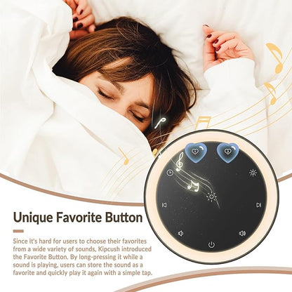 Kipcush White Noise Machine - 20 Soothing Sounds (Natural, White/Pink/Brown Noise, Fan), 2 Customizable Shortcuts, Soft Glow Non-Glaring Night Light, 8H Timer, USB-Powered (No Adapter/Battery)