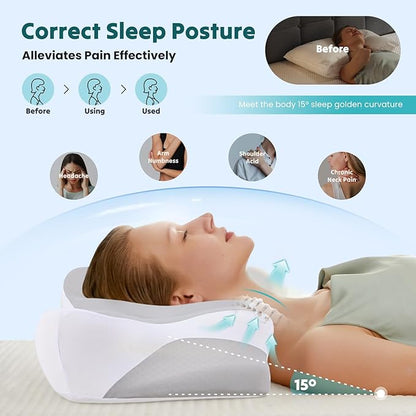 Sweetcrispy Cervical Pillow for Neck and Shoulder,Contour Memory Foam Pillow,Ergonomic Neck Support Pillow for Side Back Stomach Sleepers with Pillowcase, Grey