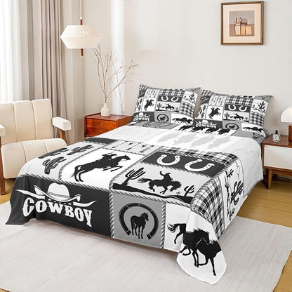 Western Cowboy Kids Sheet Twin Size,Cactus Geometric Plaids Patch Bedding Set,Boys Girls Adults Room Decor,Horseshoe Rustic Farmhouse Black Retro Bed Sheet Set 3pcs(Fitted + Flat + 1 Pillowcase)