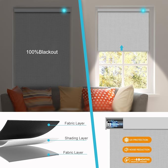 Motorized Blinds with Remote, Smart Roller Shades Compatible with Alexa, Automatic 100% Blackout Blinds Durable Rechargeable Battery Solar Power Customized Size (3-Layer White)