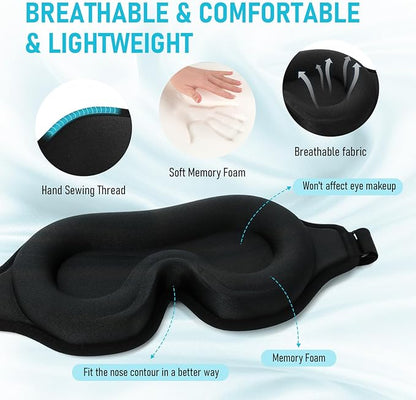 FlyCoco Sleep Mask - Zero Eye Pressure 3D Contoured Cup 99% Black Out Mask, Soft Breathable Lightweight Sleeping Mask with Adjustable Strap, Eye Cover for Yoga Traveling (Black 2pack)
