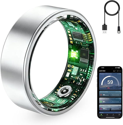 Smart Ring for Women & Men, Fitness Tracker Ring with Heart Rate Monitor, HRV, Sleep Tracking, No Subscription Fee, 10ATM Waterproof Activity Ring for iPhone & Android (Silver, 10#)