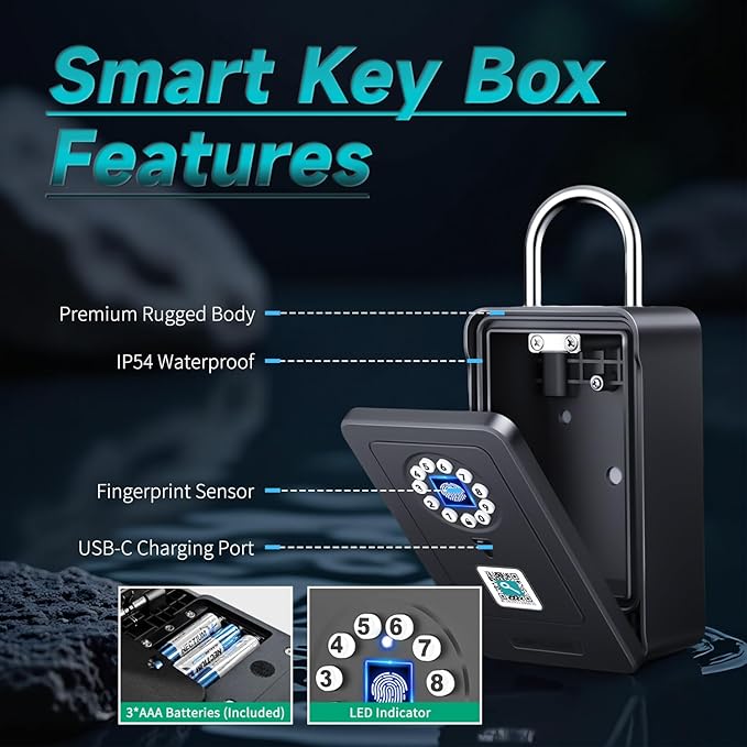 SFW New Smart Lock Boxes, Fingerprint Key Box Bluetooth Key Box with App Control & Passcode, Waterproof Wall Mounted & Door Hanging Security Lock Box (Fingerprint Unlock)