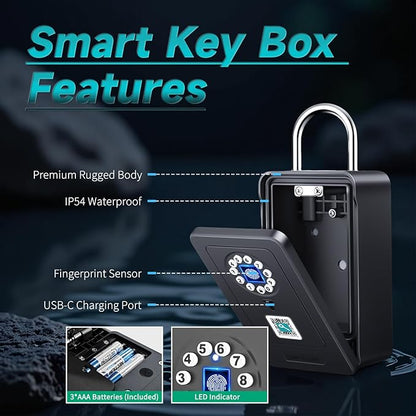 SFW New Smart Lock Boxes, Fingerprint Key Box Bluetooth Key Box with App Control & Passcode, Waterproof Wall Mounted & Door Hanging Security Lock Box (Fingerprint Unlock)