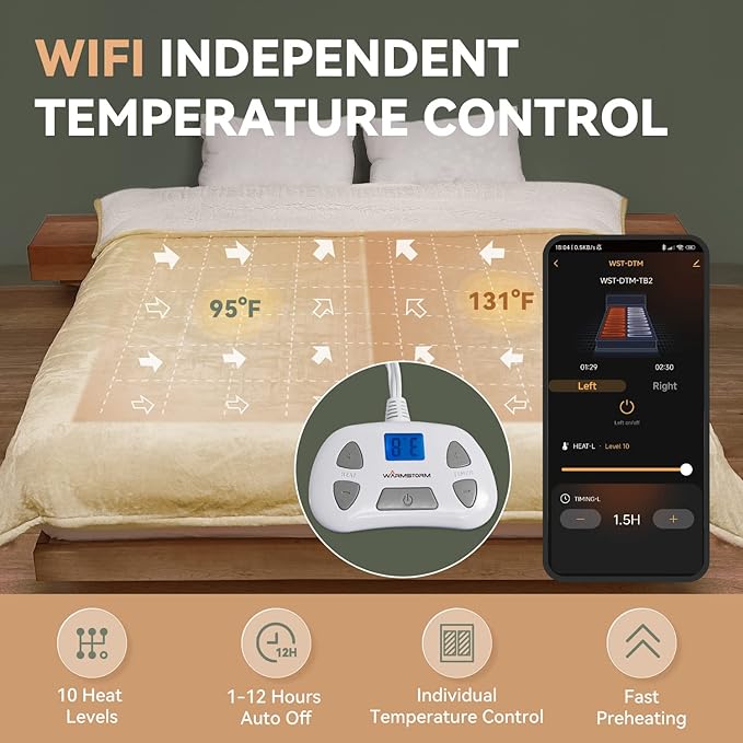Warm Storm Wi-Fi Wireless Electric Blanket Queen Size 84x90 Inch Flannel & Sherpa with Controller, Smartphone Connection(2.4Ghz), 10 Heating Levels 12 Hours Timer, Machine Washable, Beige