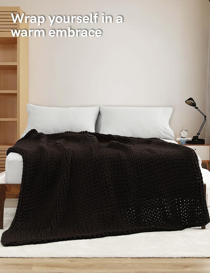 YnM Cotton Weighted Blanket, Handmade Chunky Knitted Design, Soft and Cozy, Temperature Regulating and Breathable, Machine Washable Throw for Sleep or Home Decor (Chocolate Brown, 50x60 Inch, 15lbs)