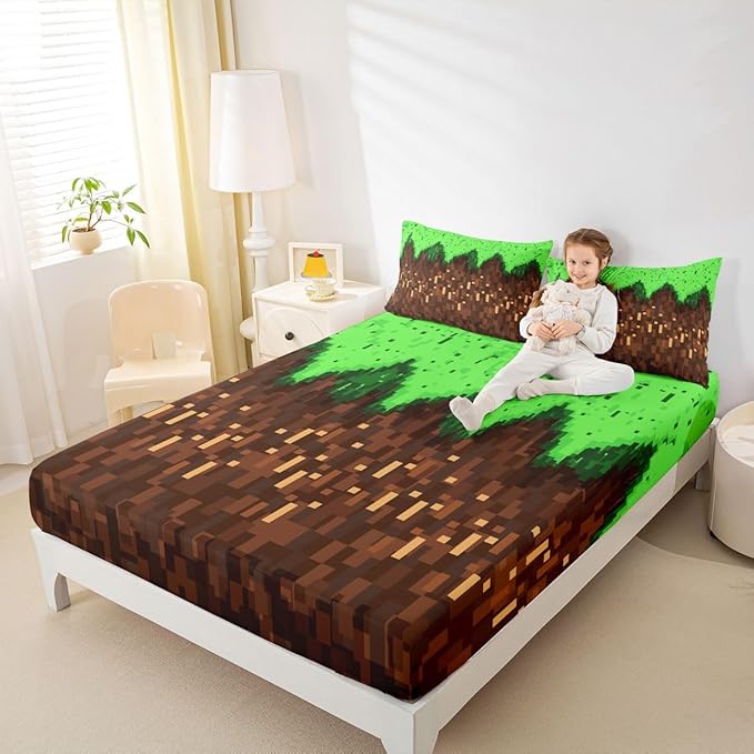 Pixelated Game Boys Girls Bed Sheets,Video Games Gamepad Abstract Room Decor,Gaming Geometric Square Kids Twin Size Fitted Sheet,Green Brown Bedding Set,1 Pillowcase(No Flat)