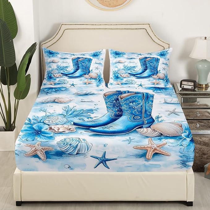 Western Cowboy Fitted Sheet Twin Size,Blue Tribal Boots Watercolor Flowers Tie Dye Paint Bed Sheet with 1 Pillowcase,Ocean Beach Shell Conch Starfish Soft Decorative Bedding(No Flat Sheet)