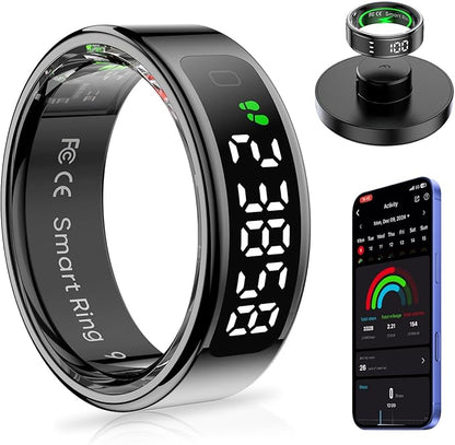 Smart Ring with LED Display Screen Health Tracker and Touch Button, Bluetooth Connection Health Monitor Tracks Heart Rate/Blood Oxygen/Sleep/Sports Activities, IP68 Waterproof (Black, 12#)