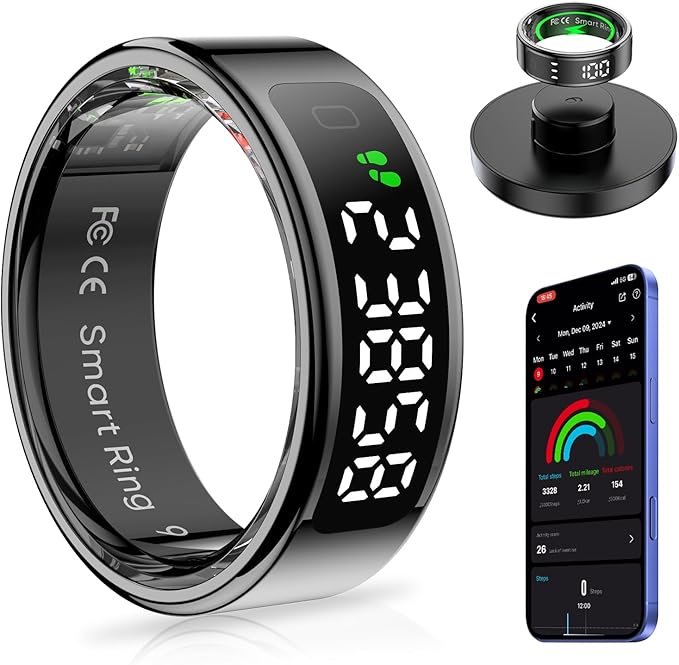 Smart Ring with Display Screen Health Tracker and Touch Button, Bluetooth Connection Ring Health Monitor Tracks Heart Rate/Blood Oxygen/Sleep/Sports Activities, IP68 Waterproof (Black, 9#)