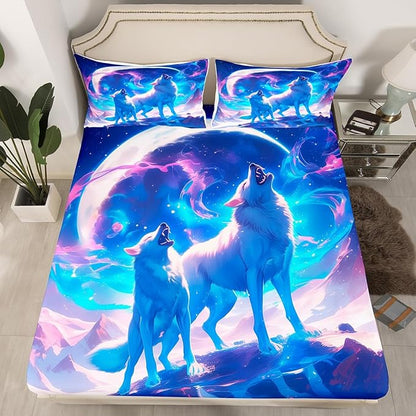 Wild Wolf Kids Fitted Sheet Queen Size,Glitter Stars Arctic Light Romantic Bedding Set,Boys Girls Room Decor,Rustic Animal Hunting Adventure Bed Cover,Blue Bed Sheet,2 Pillowcases