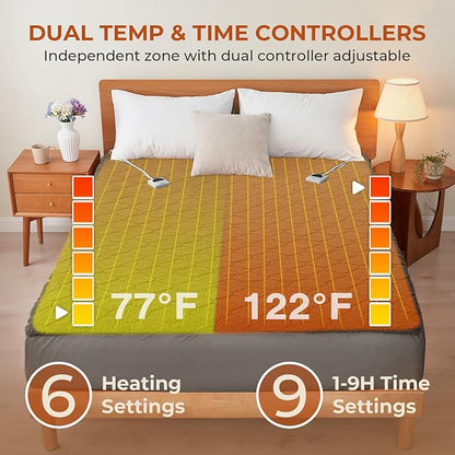 Electric Heated Mattress Pad 78x80IN Dual Controllers Heating Mattress Pad King Size 6 Heat Settings 1-9-Hour Timer Auto-Off Deep Pocket Machine Washable FCC&ETL Certificated Moonbeam Gray