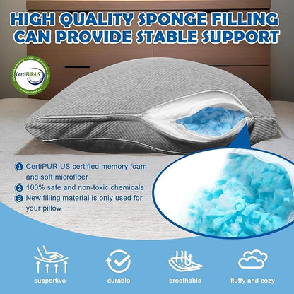 Pillows King Size Set of 2 - Shredded Memory Foam Cold Pillow That Stay Cold Adjustable Pillows for Sleeping Double-Sided Pillowcase