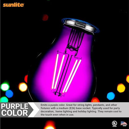 Sunlite 81081 LED Colored Filament A19 Light Bulb, 4.5 Watts, Medium E26 Base, 120 Volts, Transparent Purple, Dimmable, 320 Degree Beam Angle, UL Listed, 2 Count