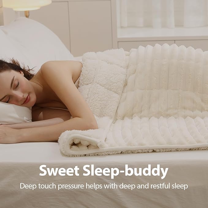 Sherpa Fleece Weighted Blanket with 3D Ribbed Stripes, 15 lbs Soft Flannel Heavy Throw Blanket for Couch Full Size Bed, Heavy Thick Blankets with Glass Beads, Great for Deep Sleep, 60" x 80"