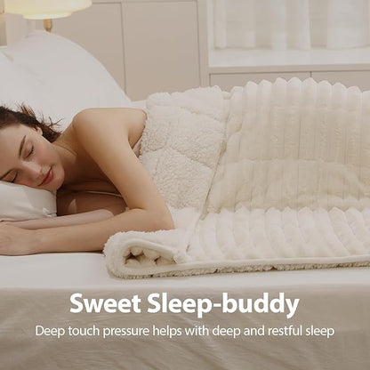 Sherpa Fleece Weighted Blanket with 3D Ribbed Stripes, 15 lbs Soft Flannel Heavy Throw Blanket for Couch Full Size Bed, Heavy Thick Blankets with Glass Beads, Great for Deep Sleep, 60" x 80"