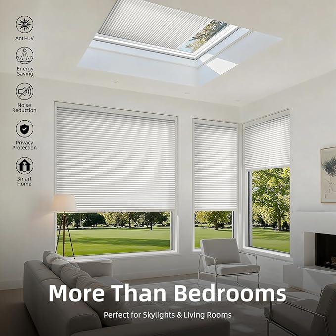 ZSTARR Motorized Skylight Shades Blackout Cellular Honeycomb Electric Blinds with Solar Panel Cordless Rechargeable with Remote for Roof and Slanted Windows Custom Size (LF Frost White)