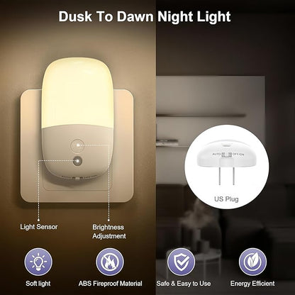 Dimmable Night Light Plug in with On/Off Switch, Auto Dusk to Dawn Sensor LED Nightlights, Adjustable Brightness (Warm White) for Bathroom, Hallway, Kids Room, Stairs (2 Pack)