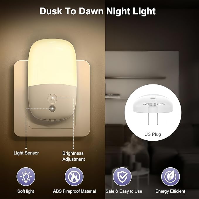 Dimmable Night Light Plug in with On/Off Switch, Auto Dusk to Dawn Sensor LED Nightlights, Adjustable Brightness (Warm White) for Bathroom, Hallway, Kids Room, Stairs (1 Pack)