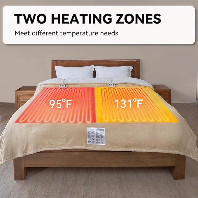 Heated Electric Blanket Queen Size 84"×90" Soft Flannel and Sherpa Warm Blanket Dual Controllers Heating Blanket,10 Heating Levels,Machine Washable,Beige