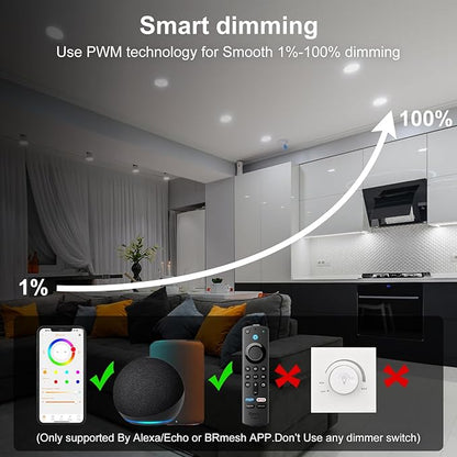 Smart Recessed Lighting 4 Inch RGBCW Color Changing 12W LED Recessed Ceiling Lights with Junction Box,1080LM Canless Downlight Compatible with Alexa,Dimmable by Bluetooth Control (6 Pack)