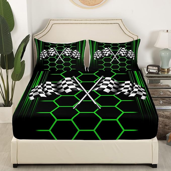 Black White Checkered Flag Bed Sheet Set Home Decor Honeycomb Geometric Sheet Sets Deep Pocket,Racing Car Mattress Cover,Twin Size with 1 Pillowcase
