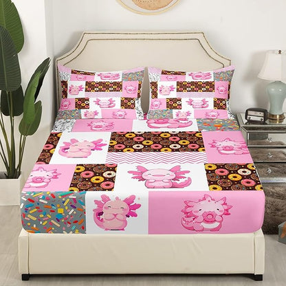 Pink Axolotl Fitted Sheet Twin Size,Sweet Donut Summer Candy Pattern Bedding All-Round Elastic Pocket,Cute Undersea Animal Pink Patchwork Bed Sheet 2 Pieces Fits Mattress(No Flat Sheet)
