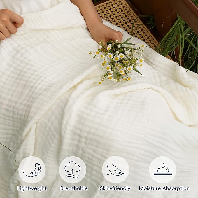 PHF Cooling Muslin Blanket Twin Size 60"x80", 6-Layer Lightweight Gauze Blanket Made from 35% Rayon Derived from Bamboo & 65% Cotton, Breathable & Ultra Soft Cozy for Hot Sleepers, Snow White