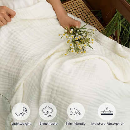 PHF Cooling Muslin Blanket Queen Size 90"x80", 6-Layer Lightweight Gauze Blanket Made from 35% Rayon Derived from Bamboo & 65% Cotton, Breathable & Ultra Soft Cozy for Hot Sleepers, Snow White