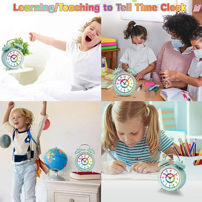 Peakeep Loud Analog Alarm Clock for Kids Learning Telling Time Teaching, 4.5" Twin Bell Alarm Clock Battery Operated for Heavy Sleepers Teenagers Kids(Aqua)