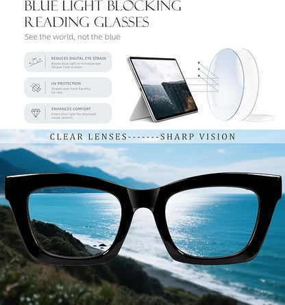 Hubeye Oprah Style Reading Glasses for Women Men Blue Light Blocking Computer Square Readers with Spring Hinge