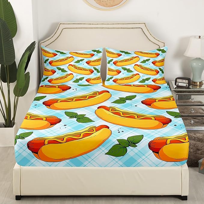 Manfei Fast Food Sheet Set Twin Size, American Cartoon Hot Dog Hamburg Bedding Set for Kids Boys Girls Room Decor, Blue White Plaid Bed Sheet Set 3pcs (Fitted Sheet, Flat Sheet, 1 Pillowcase)