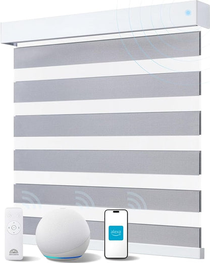 Smart Zebra Blinds for Windows, Alexa Motorized Blinds with Remote Control, Automatic Electric Power Zebra Shades for Indoor Windows (52" W x 72" H, Gray Fabric & White Shell)