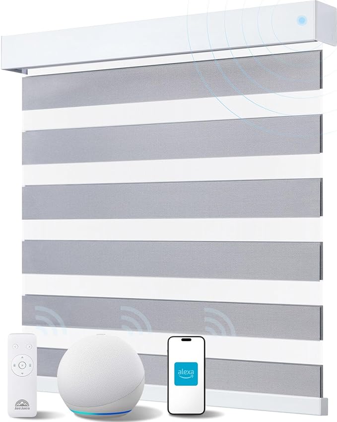 Smart Zebra Blinds for Windows, Alexa Motorized Blinds with Remote Control, Automatic Electric Power Zebra Shades for Indoor Windows (72" W x 72" H, Gray Fabric & White Shell)